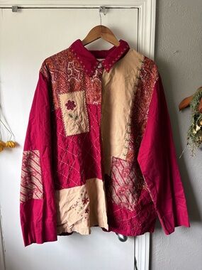 Oversized Bobbie Brooks Patchwork Button-Up in Raspberry and Cream
